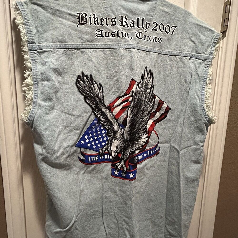 Bikers Rally 2007 Austin Tx Denim Sleeveless Shirt Eagle American Flag Frayed Lg